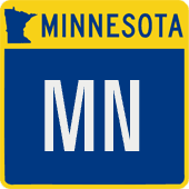 Blue and yellow Minnesota route sign with large white MN on a blue field