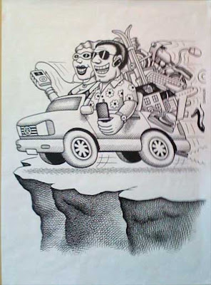 Black and white cartoon of a man and woman driving over a cliff. They look very happy, and their car is filled with consumer goods