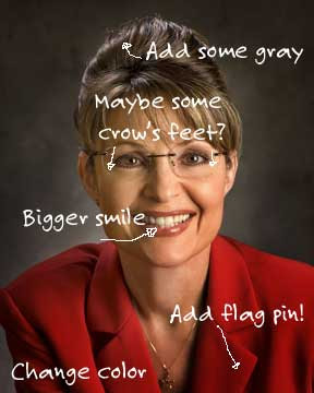Official portrait of Governor Sarah Palin with white editorial changes marked, including Add flag pin!