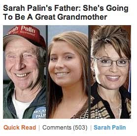 Photos of Sarah, Bristol and Sarah's dad Chuck Heath under a headline Sarah Palin's dad: She's going to be a great grandmother