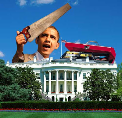 Obama with saw and toolbox, getting ready to go to work on the White House