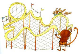 Illustration of Chico buildign a yellow rollercoaster with four chipmunks racing around the track