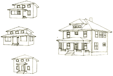 Line drawings of four Prairie-style houses