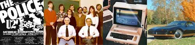 Collage of 1982 images -- a Police poster, Apple II, black TransAm and a bunch of people in early 80s fashions