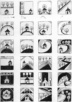 24 square black and white drawings showing how a little schematic house could be positioned relative to other elements for 24 completely different appearances and feelings