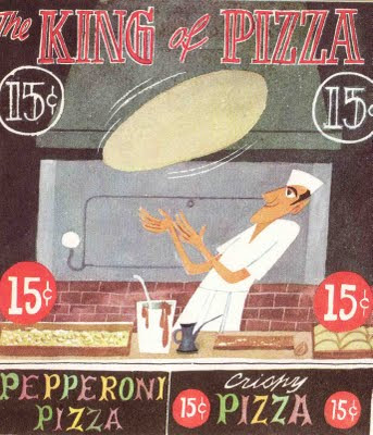 Illustration of a man dressed in white, making a pizza in a shop window