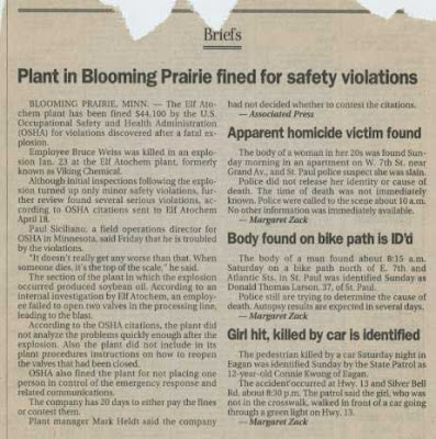 Short newspaper story with headline: Plant in Blooming Prairie fined for safety violations
