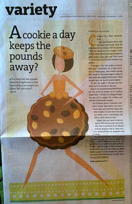 Newspaper section front with large illustration of a woman with a cookie for a skirt and hat
