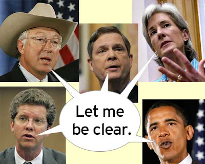 Collage of Obama and four cabinet members sharing a word balloon that says Let me be clear.