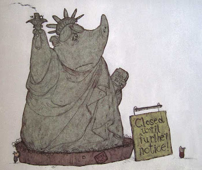 Statue of Liberty as a pig, surrounded by a fence, with a sign saying Closed until further notice