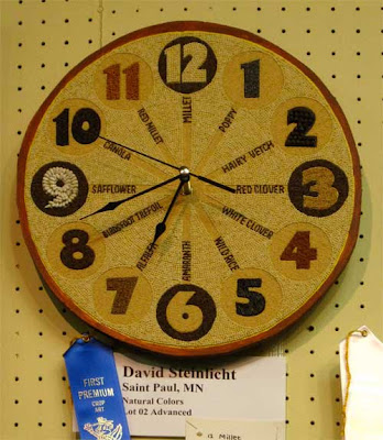Clock with a different type of seed for each number, each one labeled
