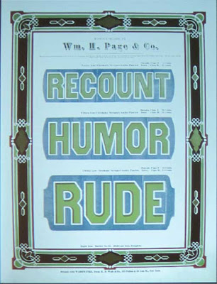 Victorian-era printed page in blue, green and black reading RECOUNT HUMOR RUDE