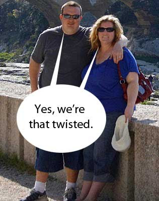 Pete and Alisha Arnold snapshot with imposed speech balloon reading Yes, we're that twisted