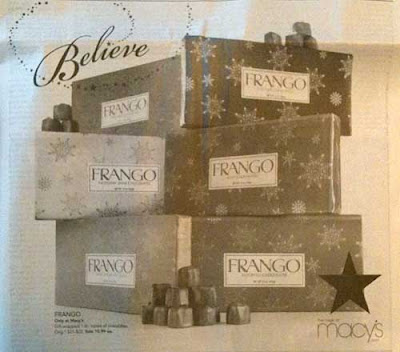 Macy's ad with Believe headline and six boxes of Frango mints