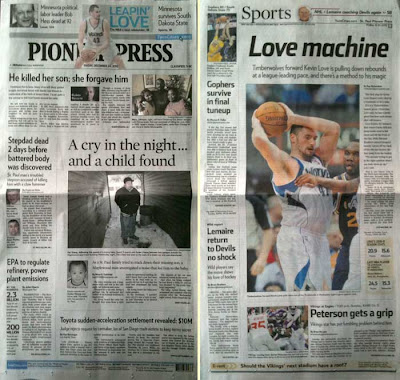 Pioneer Press 12-24-10 front page compared to the sports front page