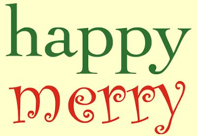 Type comparison of happy and merry, happy is green and understated, merry is red and crazy-looking