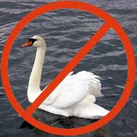 White swan with red circle around it and diagonal line through the circle