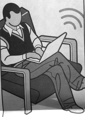 Black and white drawing of a faceless man sitting in an upholstered chair using a laptop