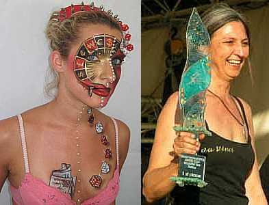 Bibi Freeman's award-winning entry and Bibi holding the Facepainting Trophy (photo Cat Finlayson) July 2007