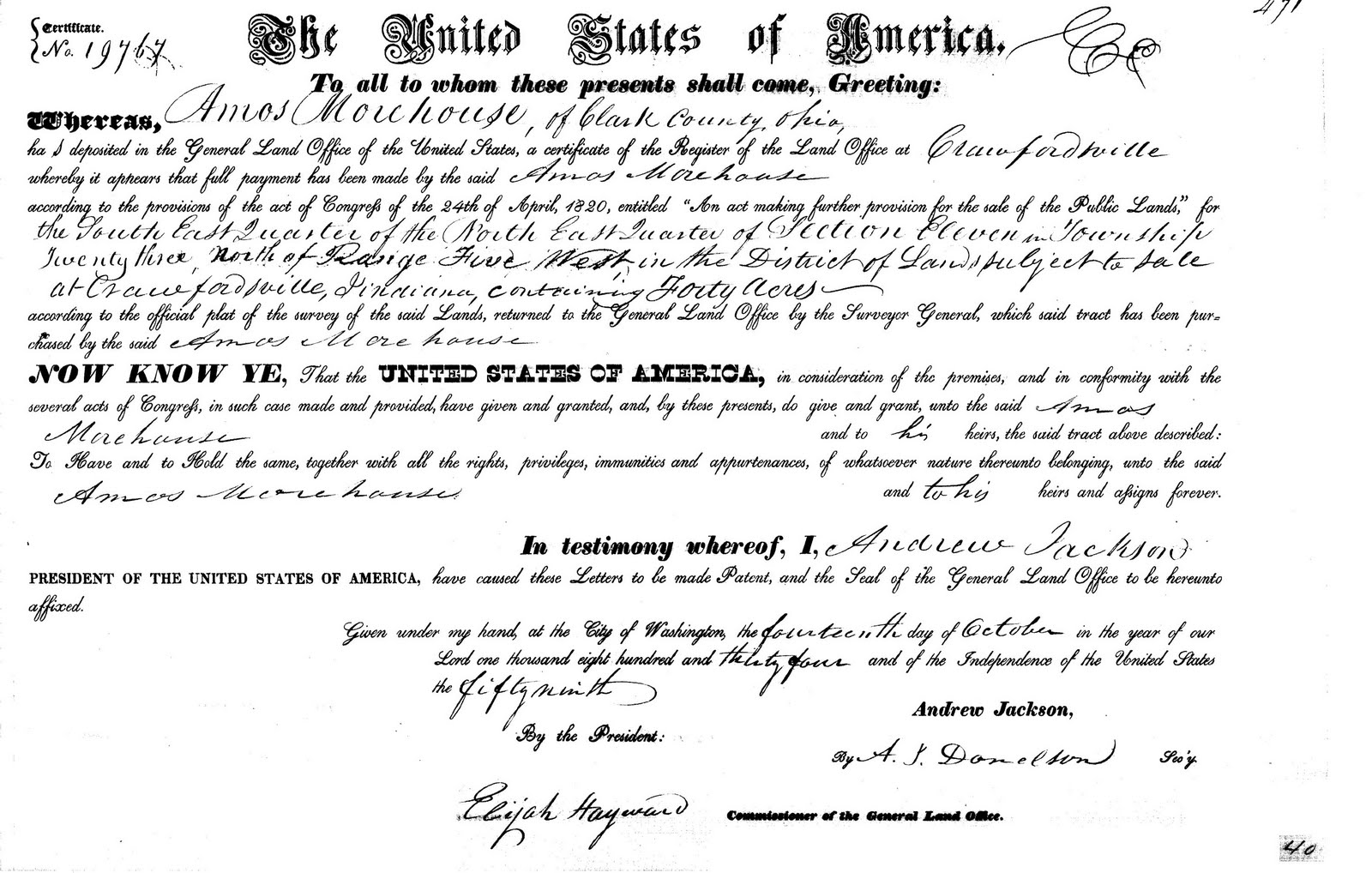 Alpha & Elsie Morehouse Family Amos Morehouse Land Patents 1834