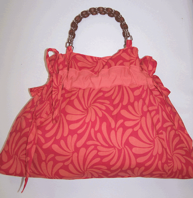 Handmade Drawstring Handbag Recycled Orange Flowers Wood Handle