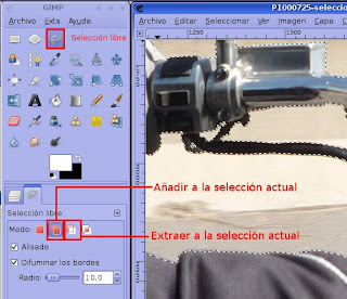 Configuracion de la herramienta de seleccion libre. Alisado. Difuminar bordes: 10. Opciones: Añadir a la seleccion actual y Extraer de la selección actual