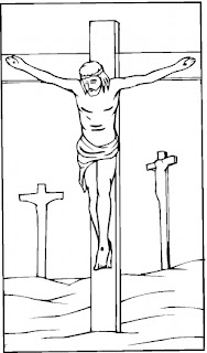 Coloring page of Jesus Christ with crown of thorns on Cross at the time of Crucifixion free download line art image of Crucified Jesus Christ photos and Christian bible cliparts(clip arts)