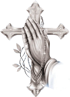 Cross background photo and praying hands with rosary beads