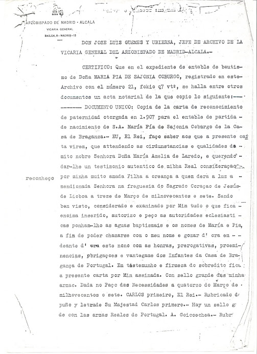 ALTRO CERTIFICATO ATTESTANTE LA PATERNITA' DI D. MARIA PIA - PAG.1