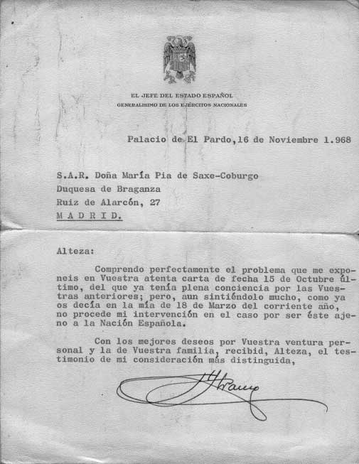 LETTERA DEL GENERALISSIMO FRANCISCO FRANCO A D. MARIA PIA