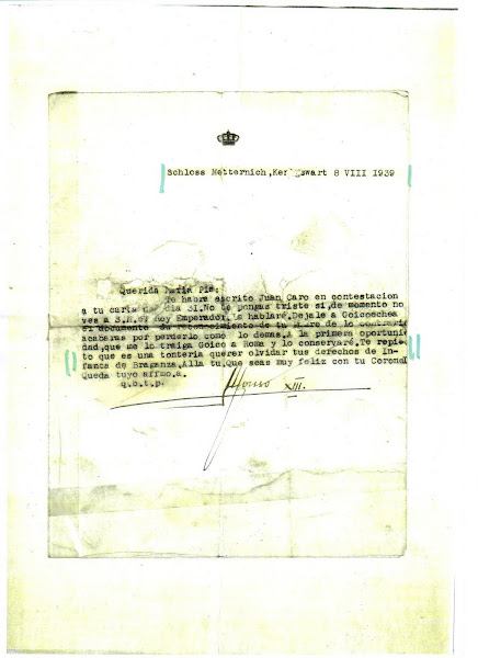 LETTERA DEL 1939 DI S.M. D. ALFONSO XIII RE DI SPAGNA A D. MARIA PIA