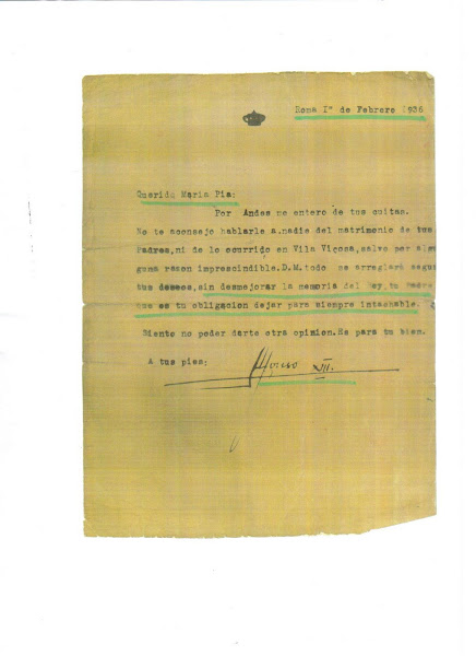 LETTERA DEL 1936 DI S.M. D. ALFONSO XIII RE DI SPAGNA A D. MARIA PIA