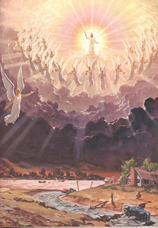 Jesus Christ coming with bright light and shine around him while angels welcoming by praying and singing religious Christian drawing art picture free download