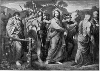 Jesus Christ moving with soldiers black and white pic
