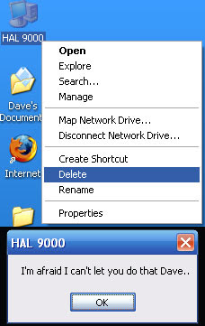 photo of a Windows file menu open and Hal the computer leaving a message