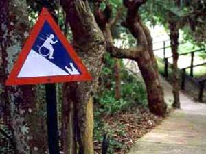 photo of a sign with a guy in a wheelchair going down a hill towards a crock