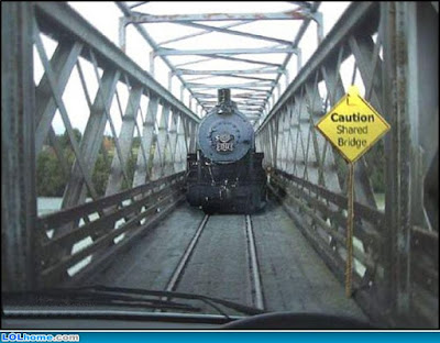 photo of a train and car on a shared bridge