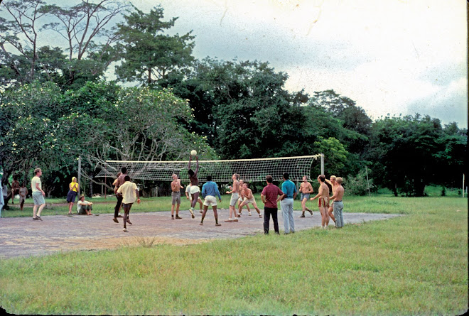 Peace Corps volunteers and Sierra Leone language instructors playing volleyball at Njala - 8/1968