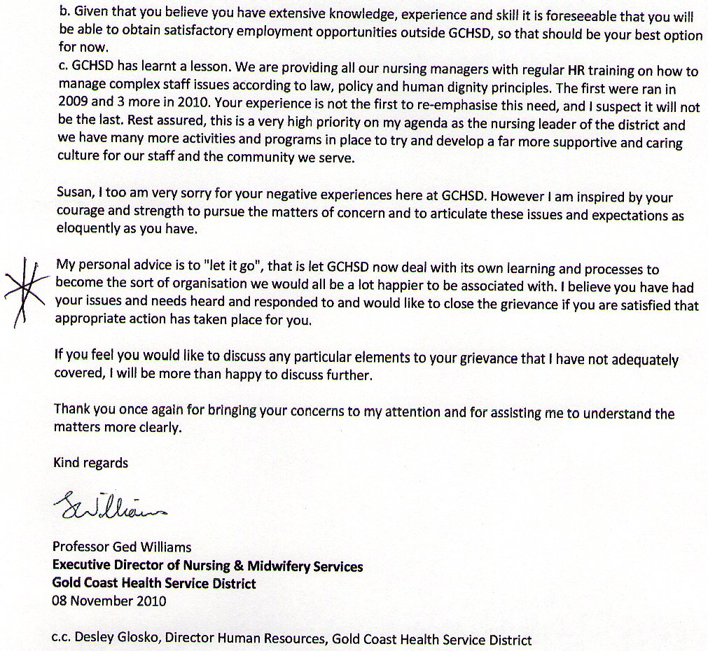 SING BULLIED QUEENSLAND HEALTH GOLD COAST NURSE, SUSAN DALE, TOLD 'LET