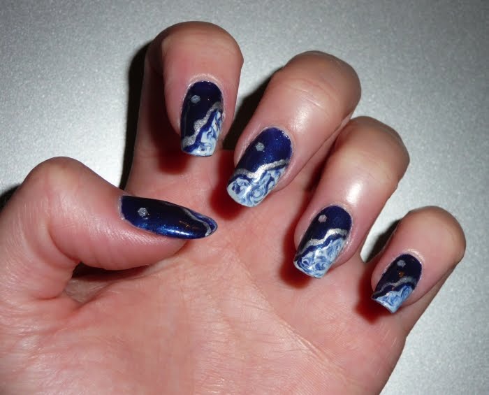base coat dark blue nail polish white nail polish silver nail ...