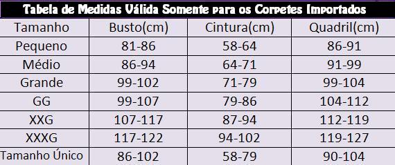 Tabela de Medidas dos CORPETES IMPORTADOS!!!