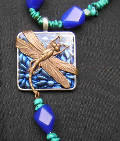 dragonfly on blue and green stone necklace