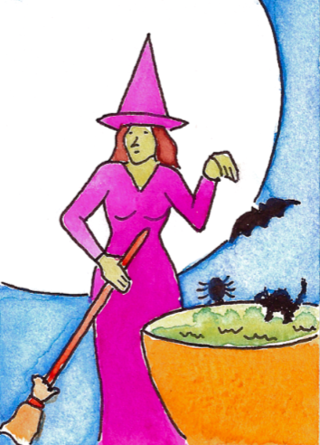 drawing of a witch and her cauldron