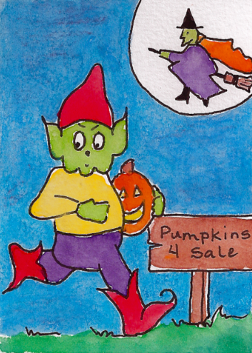 gnome stealing a pumpkin drawing
