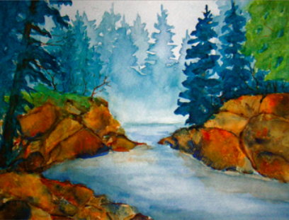 watercolor landscape with stream