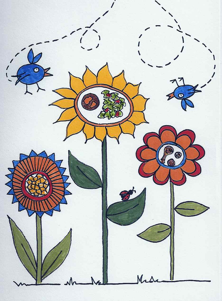 drawing of flowers with food centers