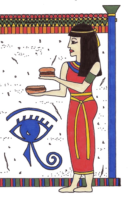 Egyptian wall painting of a woman holding a hot dog and hamburger