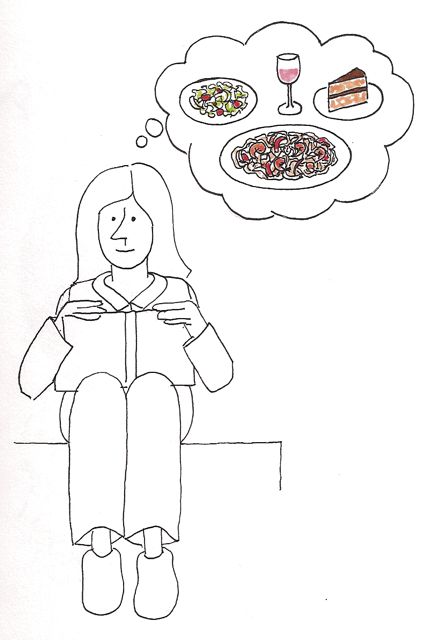 drawing of a woman thinking about food