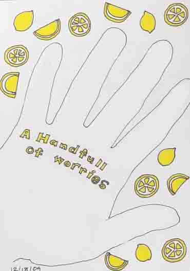 a line drawing of a hand surrounded by lemons