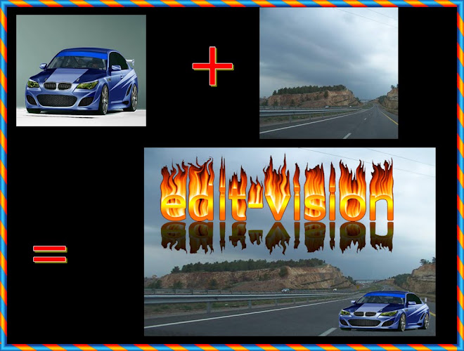 mezcla de entre dos imágenes, (auto y ruta) y el logo de edit vision.